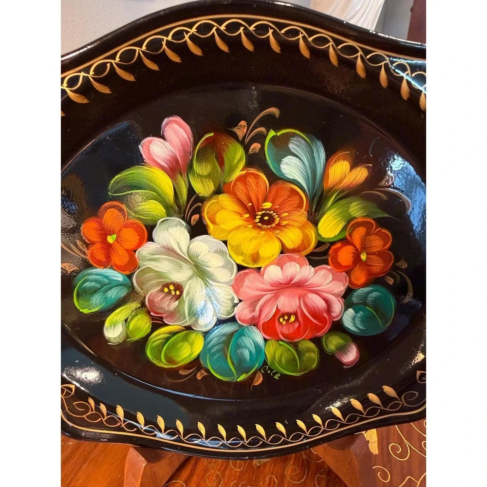 Vintage Black Tole Floral Tray - Hand‎ Painted with Stand